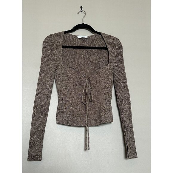 Jonathan Simkhai Long Sleeve Cropped Ribbed Top Sweater V Neck Brown Dune Large - Picture 1 of 5